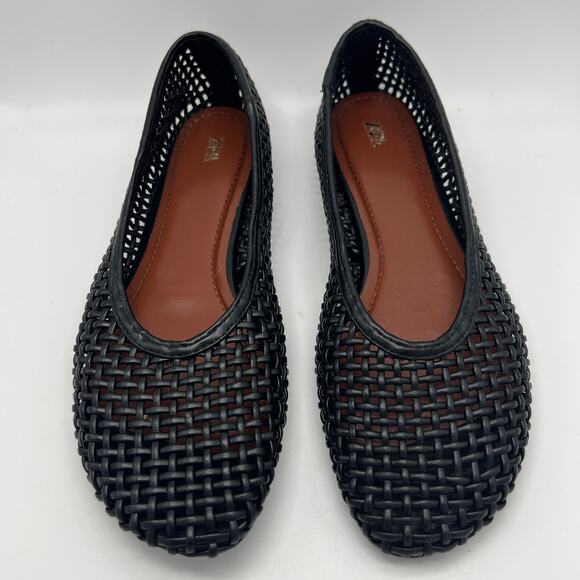 Zara Black Woven Loafers Women's Sz 38 Open Weave Round Toe Flats Plastic Shoes - Picture 2 of 7